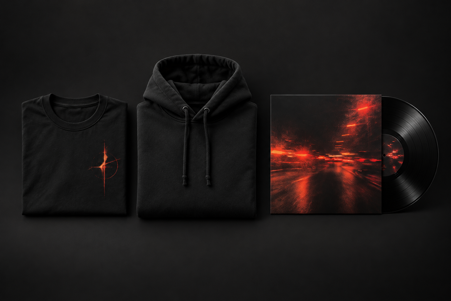 Erzeugtes Produktbild mit schwarzem T-Shirt, Hoodie und Vinyl als Band-Merch-Beispiele